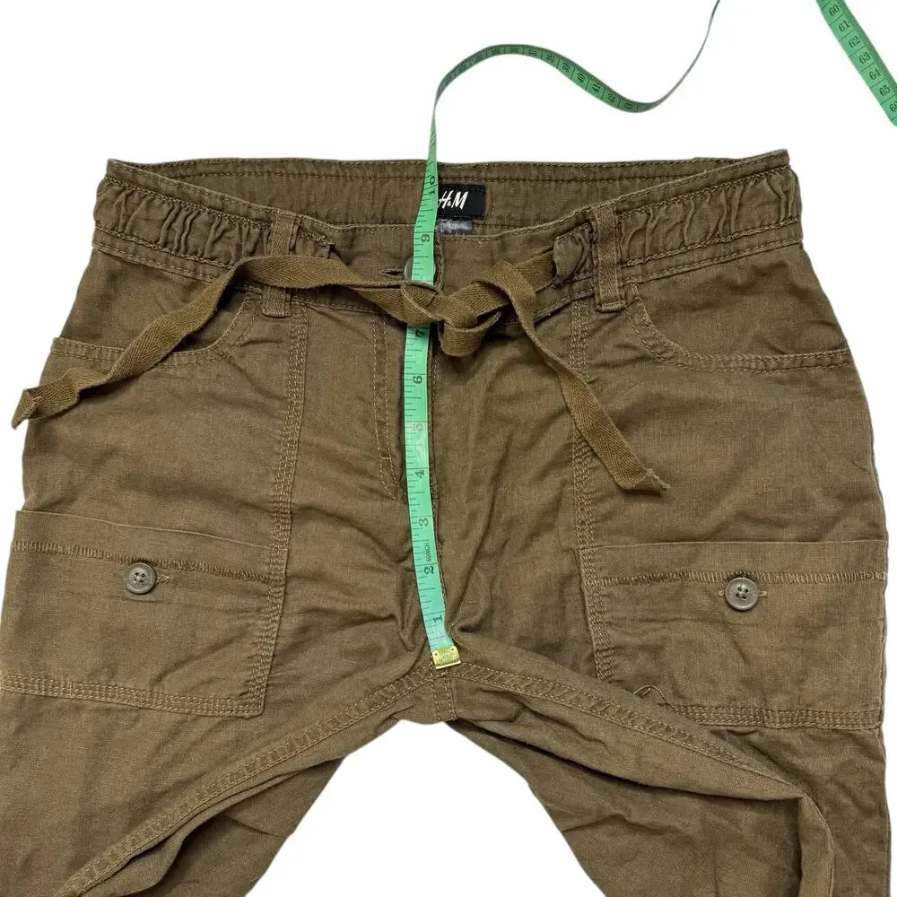 H&M Linen Blend Cargo Roll Tab Crop Pants in Olive Green Size 6 Womens Straight